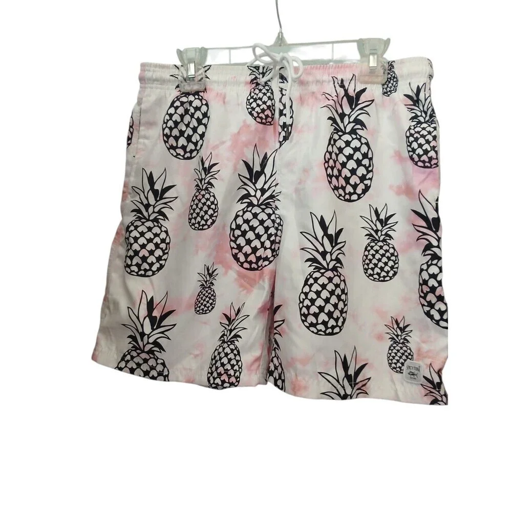 Spicy Tuna Swim Trunks Men XL Pineapple Print White Pink Beach Shorts